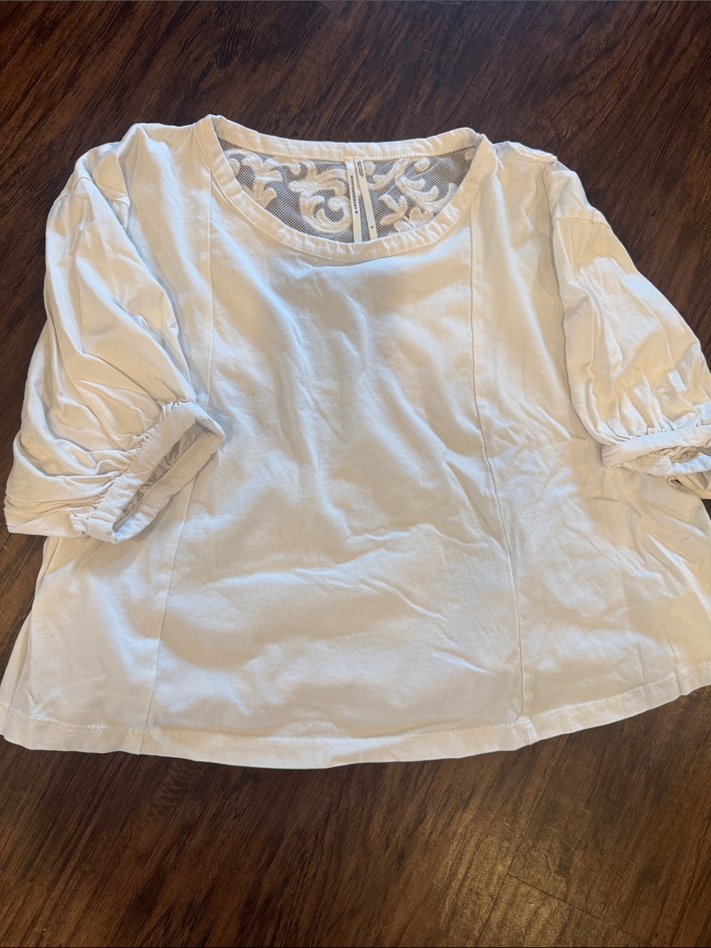 Anthropologie Women’s White Puff Sleeve Top with Lace Back Detail